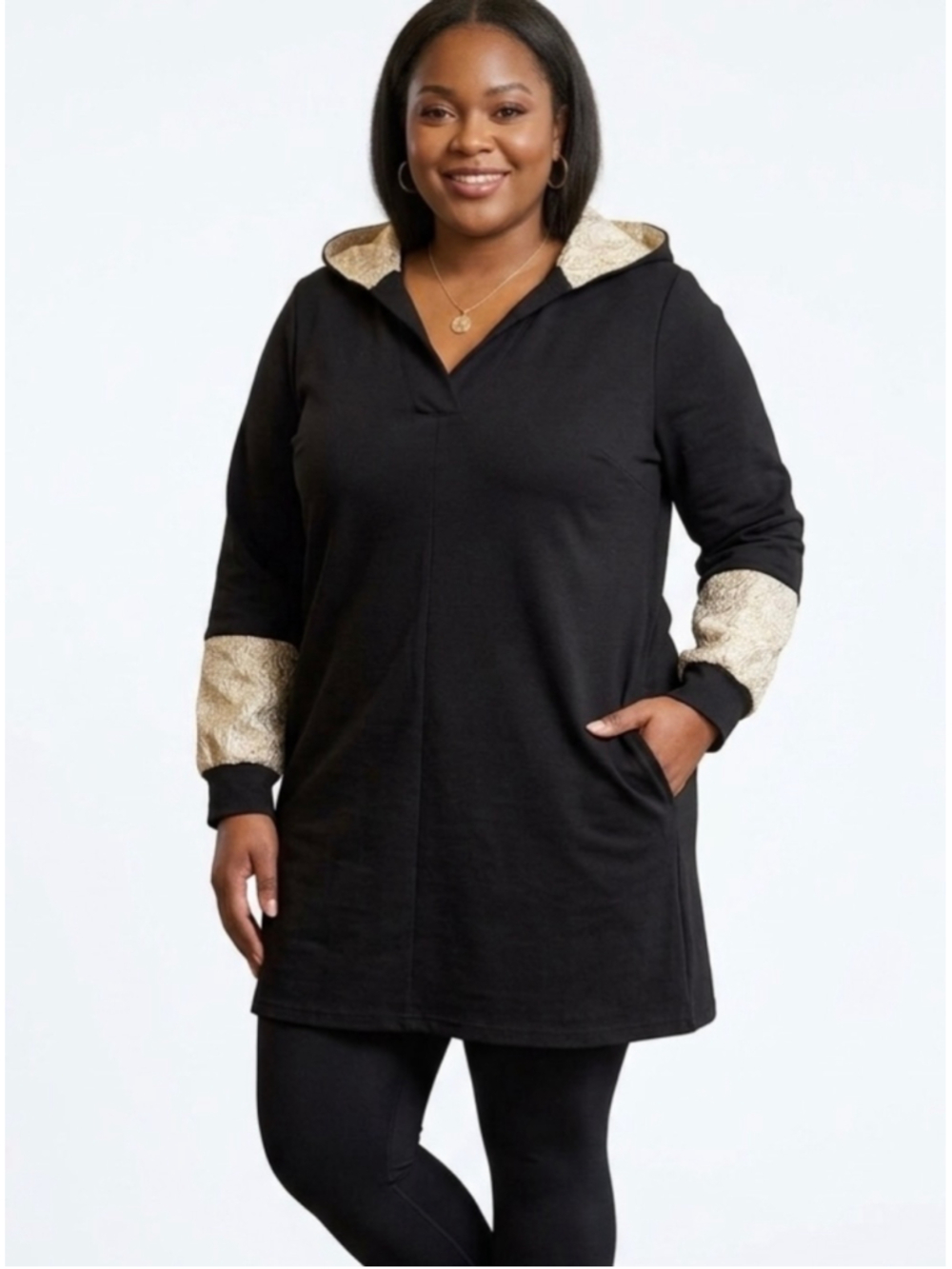 Laura Plus Black Damask Lace Trim Hooded Tunic Sweater size 2X. 2080